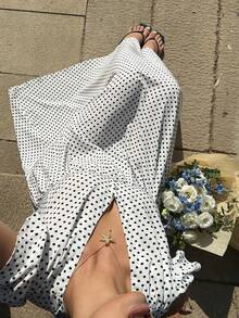 Sunnyshic 大码优雅波点印花收腰连衣裙，夏季 - 黑與白 - 查看 6