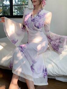 DAZY Đầm ren hoa thanh lịch mùa xuân & hè, đầm ôm dáng bằng chiffon xuyên thấu phối nhiều mảnh vải, thích hợp cho đám cưới, tiệc tùng, các dịp trang trọng, hoặc mặc đi làm. - Màu tím - Xem 5