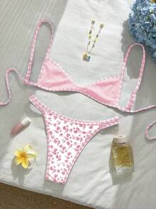 Swim Mod Nuevo conjunto de bikini reversible de dos piezas con estampado floral y a cuadros, Bottom tipo tanga con corte alto, parte superior con acolchado push-up y detalles en contraste, ideal para la playa, la piscina, fiestas de cumpleaños, San Valentín, vacaciones y tomar el sol. - Multicolor - Ver 6