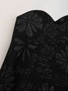 Modelyn 女士黑色提花花卉褶边腰身优雅半身裙，春夏款 - 黑色 - 查看 3