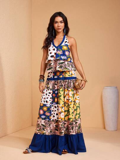 JIAN LASALA Blusa holgada sin mangas con cuello de halter y lazo, con estampado multicolor en capas, para mujer, de uso casual en primavera y verano