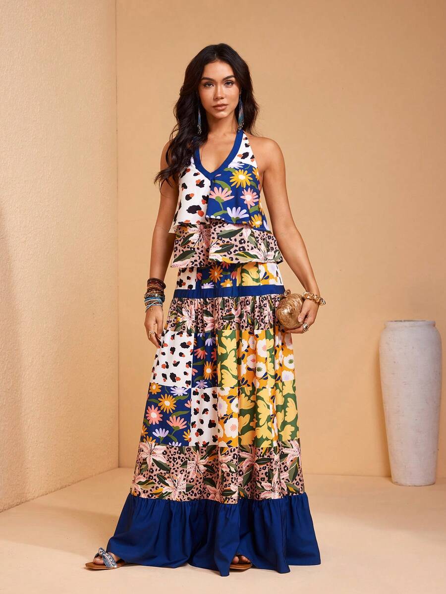 JIAN LASALA Multi-Color Print Layered Loose Sleeveless Halter Neck Tie Flare Women Top Spring Summer Casual - Multicolor - View 1