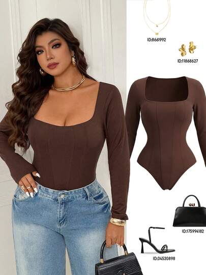 Femmeverse Plus Size Women's Sexy Bodysuit, Square Neck, Patchwork Solid Color