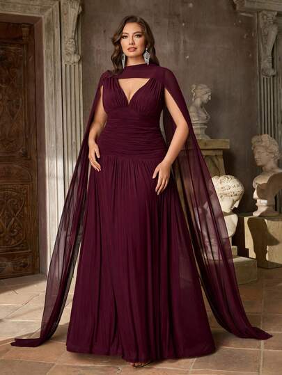 Aureia 大码优雅酒红色亮面网纱V领褶皱超大A字裙（可拆卸吊带），适合约会、单身派对、婚礼、活动、伴娘礼服