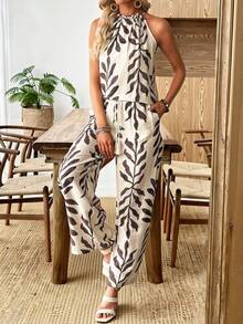 Selamara Women's Elegant Tropical Print Tassel Halter Neck Sleeveless Top And Wide Leg Pants 2 Pieces Set, Vacation Outfit - Apricot - View 4