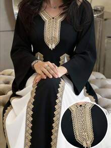 Al Najma 女士V领贴花撞色优雅收腰派对/节日喇叭袖阿拉伯风格连衣裙 - 彩色 - 查看 1