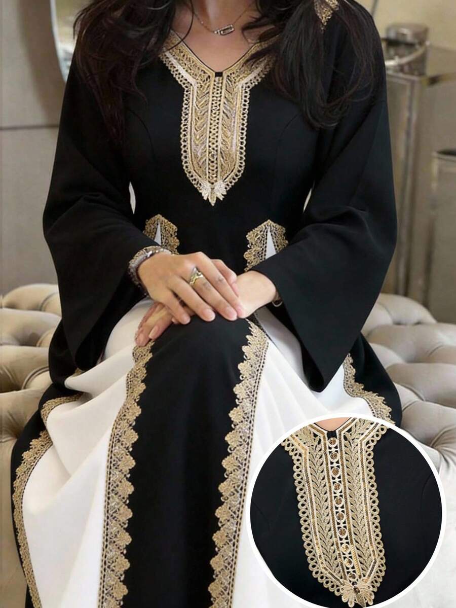 Al Najma 女士V领贴花撞色优雅收腰派对/节日喇叭袖阿拉伯风格连衣裙 - 彩色 - 查看 1