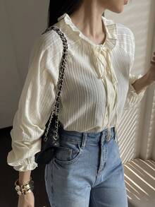 DAZY 女士休闲系带荷叶边领长袖衬衫 - 杏色 - 查看 3