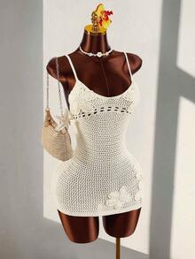 Amplova Women's Crochet Mini Dress, Sexy Sheer Floral Slip Dress, Vacation Dress - Apricot - View 1