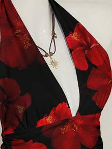 SHEIN ICON 女款休閒掛脖露背背心上衣，花卉印花，適合度假、夏季、海灘穿著、假期、春季女裝，紅色 - 彩色 - 查看 7