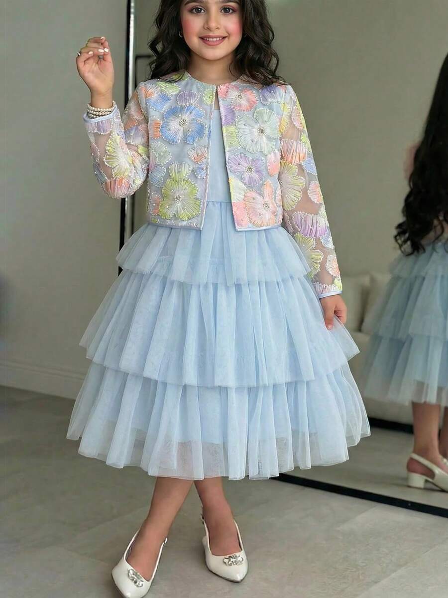SHEIN Tween Girl Light Blue Floral 3D Decor Mesh Sleeveless Dress With Elegant Cardigan 2-Piece Set,Summer Wedding Guest Pastel Jacket Skirt Set For Girls - Mint Green - View 1