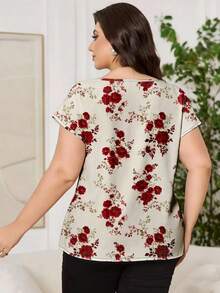 Reflora Plus Size Women's Floral Print Casual Batwing Sleeve Shirred Waist Blouse, Summer Spring - White - View 2