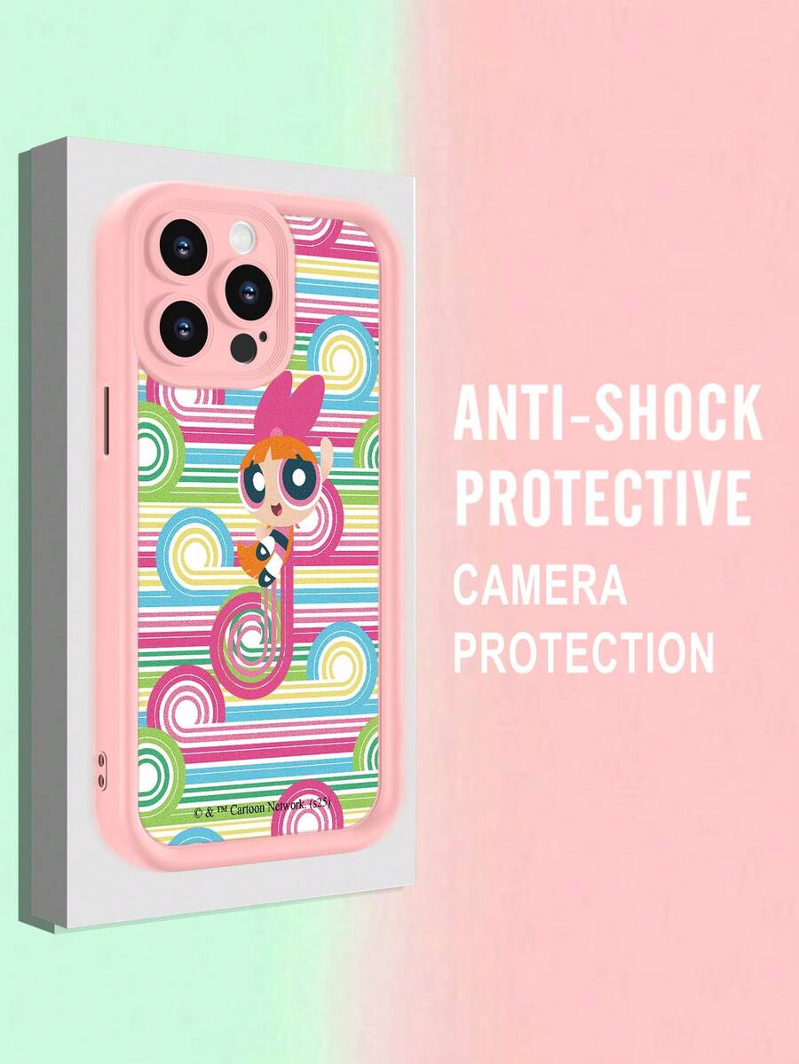 THE POWERPUFF GIRLS X SHEIN 1pc Pink And Green Stripes With Musical Notes, Retro Y2K Sky Eye And Staircase Design, High-End Texture, Soft, Skin-Friendly, And Durable TPU Material | 360° Camera Protection And Shock-Absorbing Air Cushion | Compatible With IPhone 17/17 Pro/17 Pro Max/Air And 16/15/14/13/12/11/Pro/Pro Max/X/XR/XS/XS Max/7/8/Plus - Pink - View 1