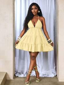 BamGleam Women's Vacation Solid Color Ruffle Hem Sexy Halter Backless Tie Strap Dress - Light Yellow - View 4