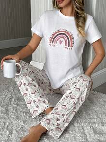 EURMUSE Ensemble de pyjama de détente en coton pour femmes grandes tailles, avec Top de pyjama à motif arc-en-ciel rétro et bas de pyjama long à motif rétro - Rouge foncé - Voir 4