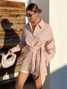 SHEIN X GALILEA Livesso 春夏宽松商务休闲时尚办公室穿着粉色系腰带长袖女式衬衫 - 粉色 - 查看 5