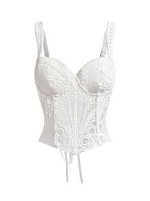 SuitURBody Hollow Floral Embroidery Corset-Style Backless Blouse - White - View 4