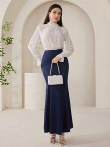 Veilorie Women's Solid Color Elegant Versatile Date/Commute Mermaid Skirt - Blue - View 7
