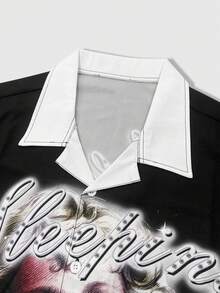 ROMWE MEN Street Life Camisa casual de manga corta con botones y estampado de letras y ángeles para hombres - Multicolor - Ver 3