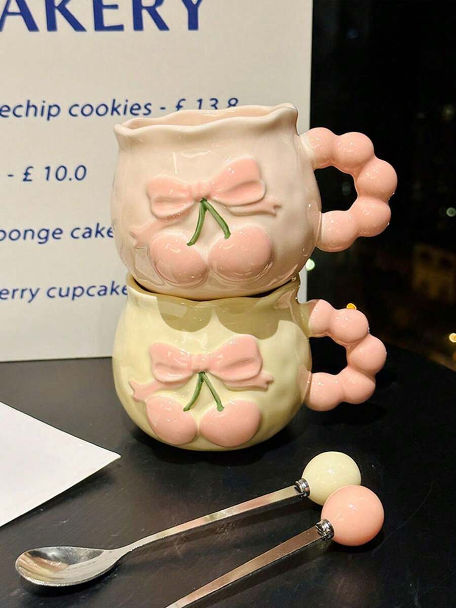 1个可爱樱桃陶瓷马克杯，优雅陶瓷咖啡杯，独特艺术设计，3D浮雕装饰，送朋友的礼物，家用和办公日常使用 - 彩色 - 查看 1