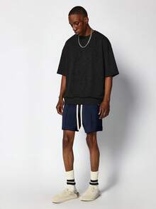 Pantalones cortos de verano casuales con bolsillos laterales lisos, ajuste relajado, cintura con cordón, estilo jogger de entrepierna caída SUMWON - Azul Marino - Ver 3