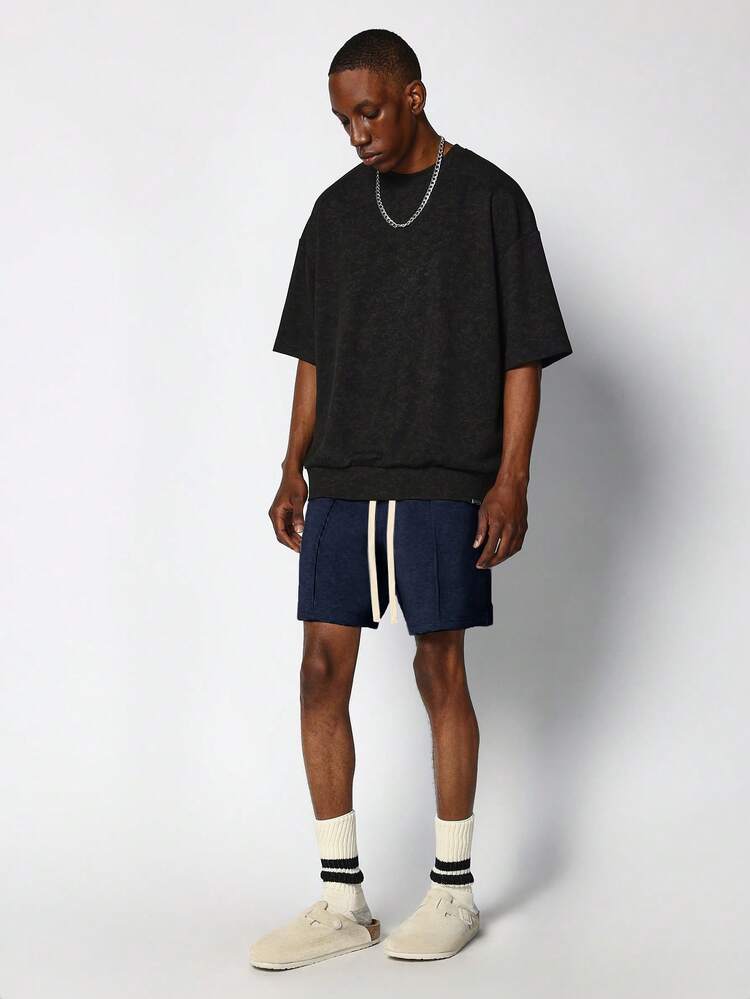 SUMWON 低裆慢跑裤，宽松版型，抽绳腰带，休闲夏季运动短裤，带侧袋，纯色 - 藏蓝色 - 查看 3