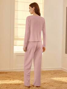 MOTF PREMIUM Conjunto de pijama con top de cuello en V de punto acanalado y pantalones con borde de lechuga - Rosa - Ver 2