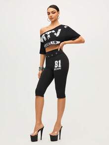 MTV | SHEIN Women's Summer Letter Pattern Grommet Eyelet Waist High-Waisted Leggings - Black - View 8