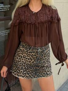 Livesso Brown Textured Patchwork Vacation Shirt For Women, Summer - Coffee Brown - View 6
