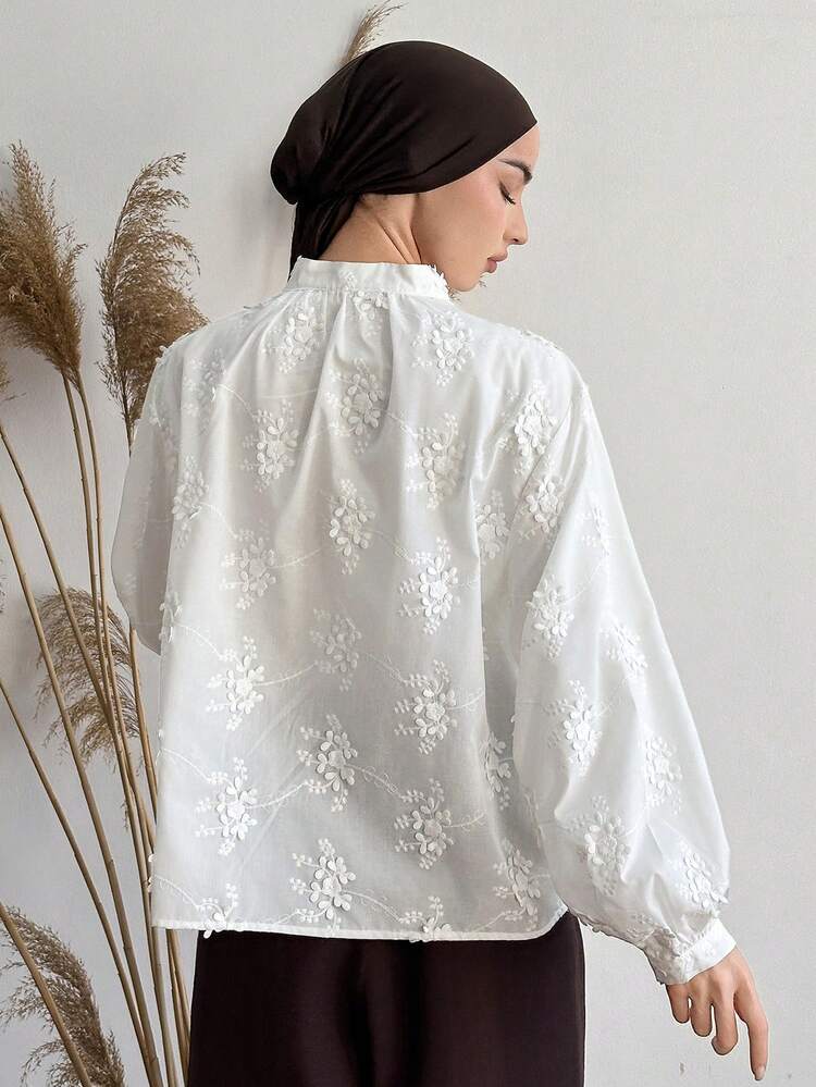 Textured Fabric Casual Loose Fit Women Blouse With Stand Collar