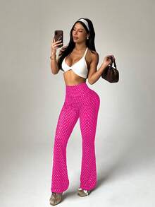 Core Rhythm 女士常规腰围黑色波点印花喇叭裤，适合日常休闲穿着、跑步、瑜伽、健身、网球、高尔夫等运动，秋冬季款 - 玫紅色 - 查看 5