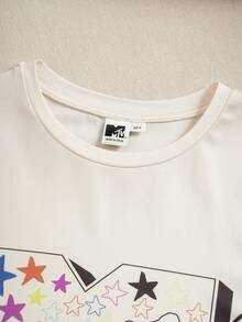 MTV | SHEIN 少女舒适字母图案短袖T恤短裤睡衣套装，夏季 - 杏色 - 查看 4