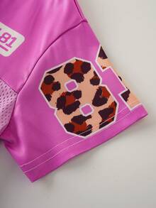 MTV | SHEIN 女童夏季休闲网眼拼接豹纹字母V领短袖T恤 - 粉色 - 查看 5