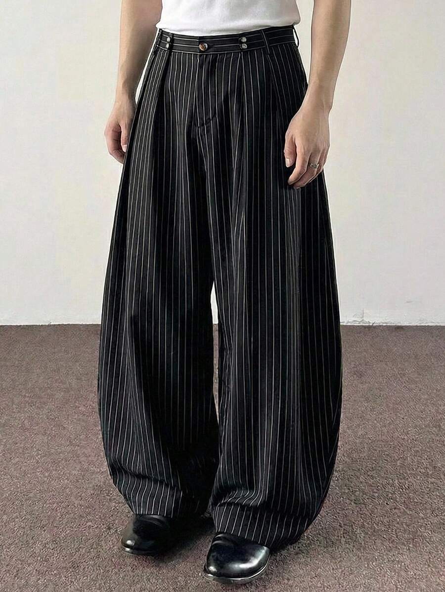 SWAVVY 男士时尚条纹褶皱阔腿宽松裤 - 黑色 - 查看 1