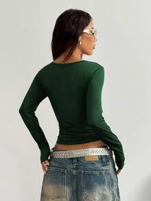 StreetHx Women's Black U-Neck Fitted Comfortable Silver Letter Print Punk Rock Y2K Baddie Casual Streetwear College 2000s Style Long Sleeve T-Shirt - Green - View 2