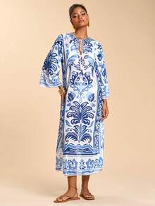 Travachic 女士棕榈树印花V领喇叭袖罩衫连衣裙，度假款 - 彩色 - 查看 6