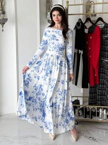 少女休闲简约舒适长袖收腰中长连衣裙，休闲简约蓝白碎花印花连衣裙，度假装扮，波西米亚风，夏威夷风，乡村风 - 藍白色 - 查看 6