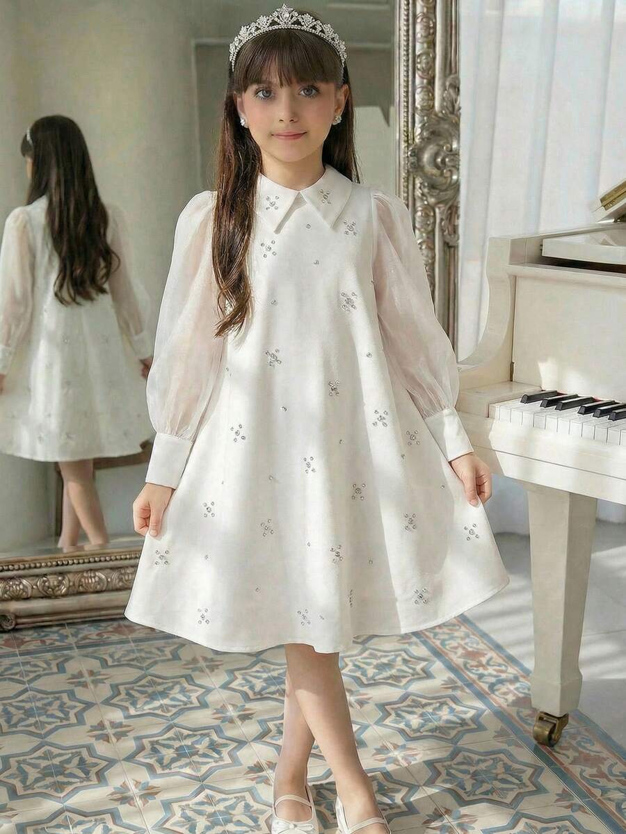 SHEIN 少女纯色可爱娃娃领薄纱灯笼袖水钻装饰A字连衣裙，公主风连衣裙，女孩白色派对礼服，适合情人节、婚礼、生日等场合 - 白色 - 查看 1