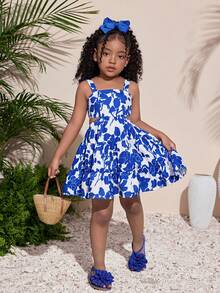 Young Girl Summer New Chiffon Blue Floral Hollow Back Bow Strap Dress, Suitable For Beach, Vacation, Outdoor Trips - Blue - View 3