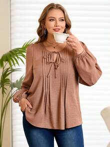 Rosumi Plus Size Casual Dusty Rose Blouse,Autumn Elegant Everyday Solid Color Shirt With Drawstring Lantern Sleeve,Commuter Light Brown Tie Front Top - Camel - View 7