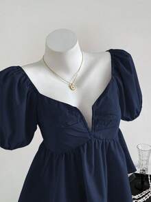 Elamini Áo sơ mi nữ màu đỏ xếp ly cổ chữ V sâu, kiểu dáng thanh lịch, thường ngày. - Màu xanh hải quân - Xem 5