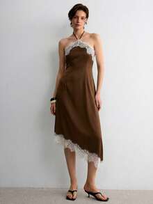 ATUI Studio Women's Summer Fashion Vacation Style Contrast Lace Halter Dress - Brown - View 1