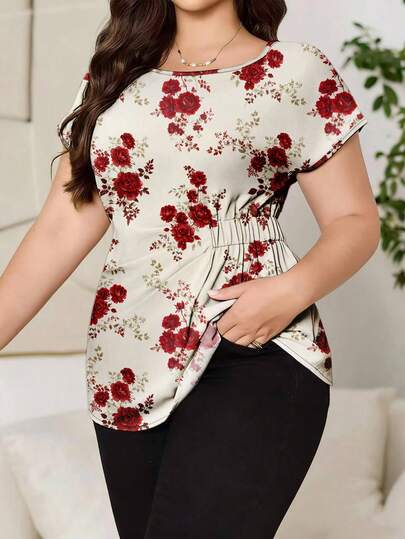 Reflora Plus Size Women's Floral Print Casual Batwing Sleeve Shirred Waist Blouse, Summer Spring