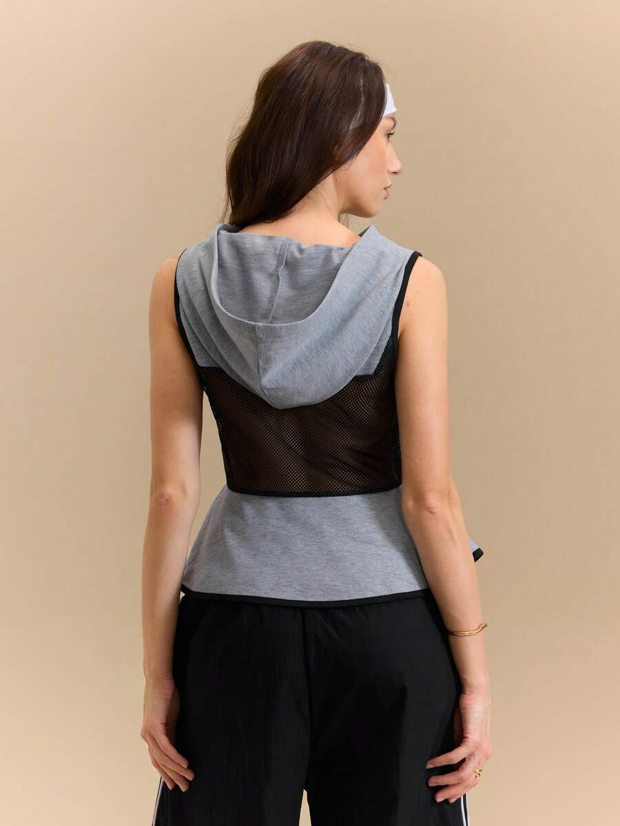Hanevo Women's Mesh Stitching Casual Sleeveless Open Front Hooded Sweatshirt - Grey - View 1