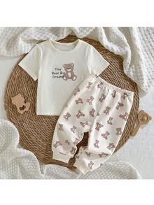 Loomiva 2pcs Baby Boy Cartoon Bear Pattern Knit Soft Round Neck Short Sleeve Top And Elastic Waist Pants Set - White - View 4