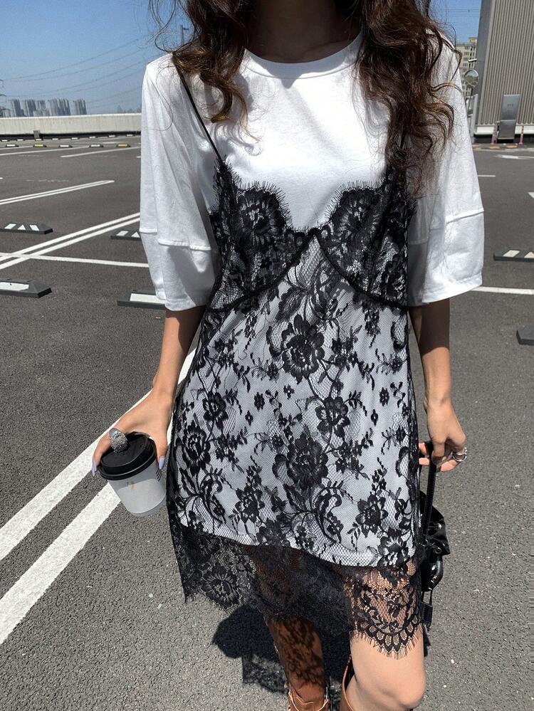 Women Lace Splice Sleeveless 2 In 1 Short Sleeve Dress,Casual Women Dresses