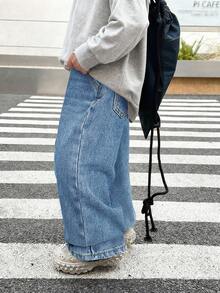 SHEIN 男童复古蓝色宽松牛仔裤 - 中等水洗藍 - 查看 6