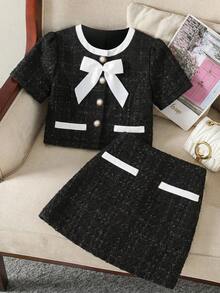 SHEIN Serisse Kids 少女圆领蝴蝶结装饰单排扣短袖衬衫和迷你裙，法式优雅休闲套装 - 黑色 - 查看 7