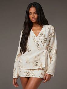 Athîral Women's Sequin Wrap Tie Front Long Sleeve Blouse - Multicolor - View 7