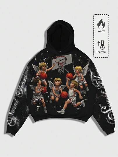 Street Life Felpa con cappuccio casual da uomo con stampa di angeli, fodera termica, vestibilità ampia, adatta per autunno/inverno, felpa con grafica, top a maniche lunghe